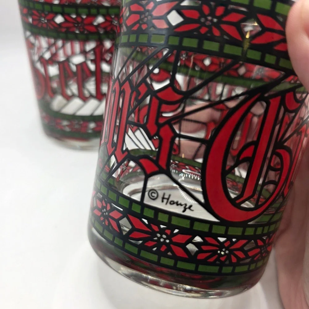 Vintage Houze Stained Glass Christmas Juice Glasses Set of 3 Gold Rim Poinsettia